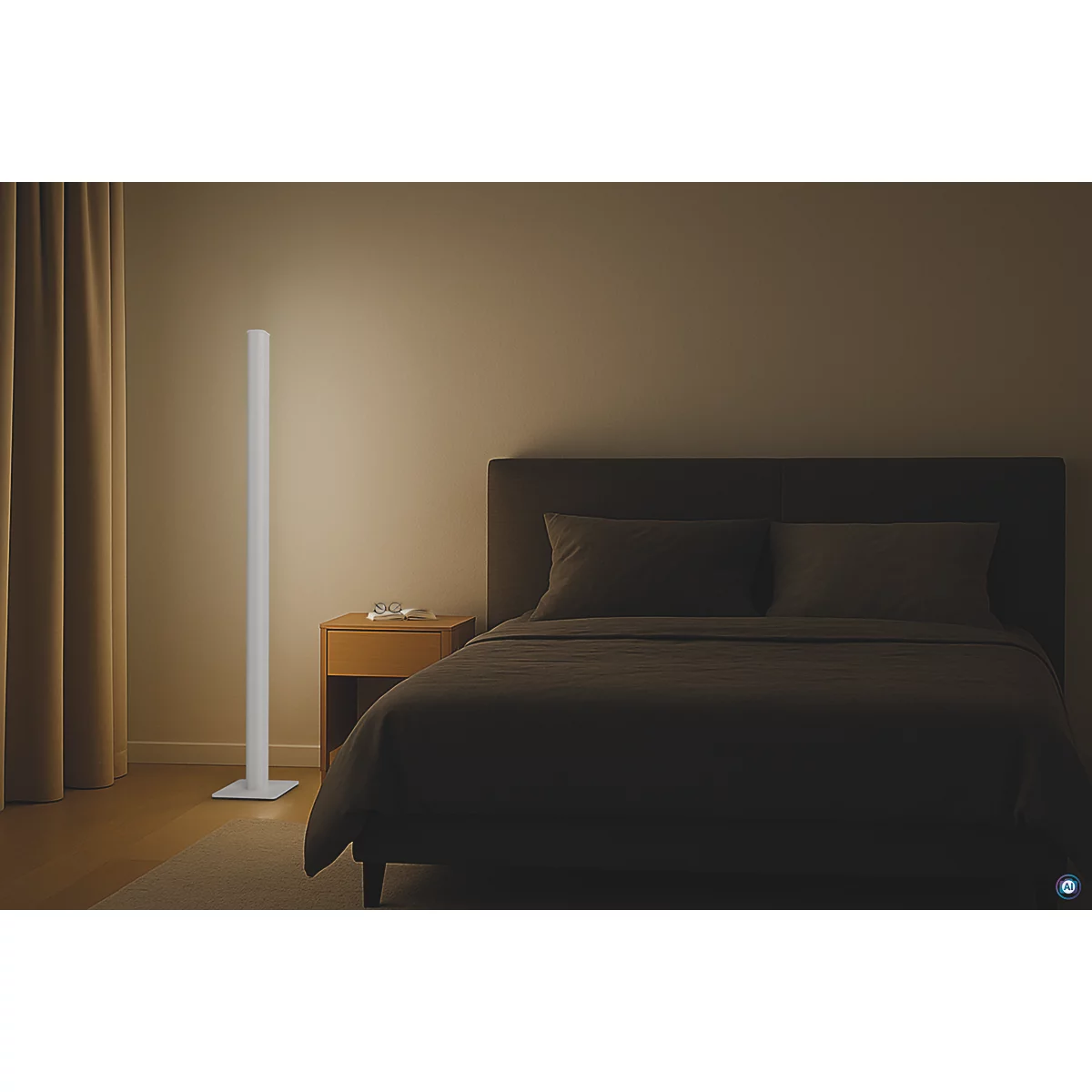 Schlafzimmer mit Stehlampe und Bett. Die Lampe leuchtet hell, das Bett ist dunkel. Auf dem Nachttisch steht ein Glas.