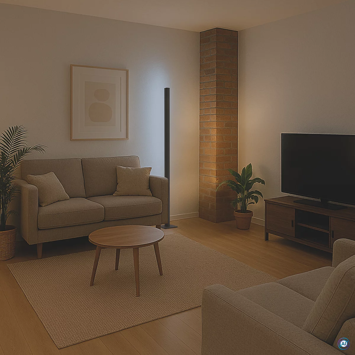 Ein Wohnzimmer mit Couch, Kaffeetisch, Fernseher, Pflanzen und einer Stehlampe. Die Beleuchtung ist sanft und warm.