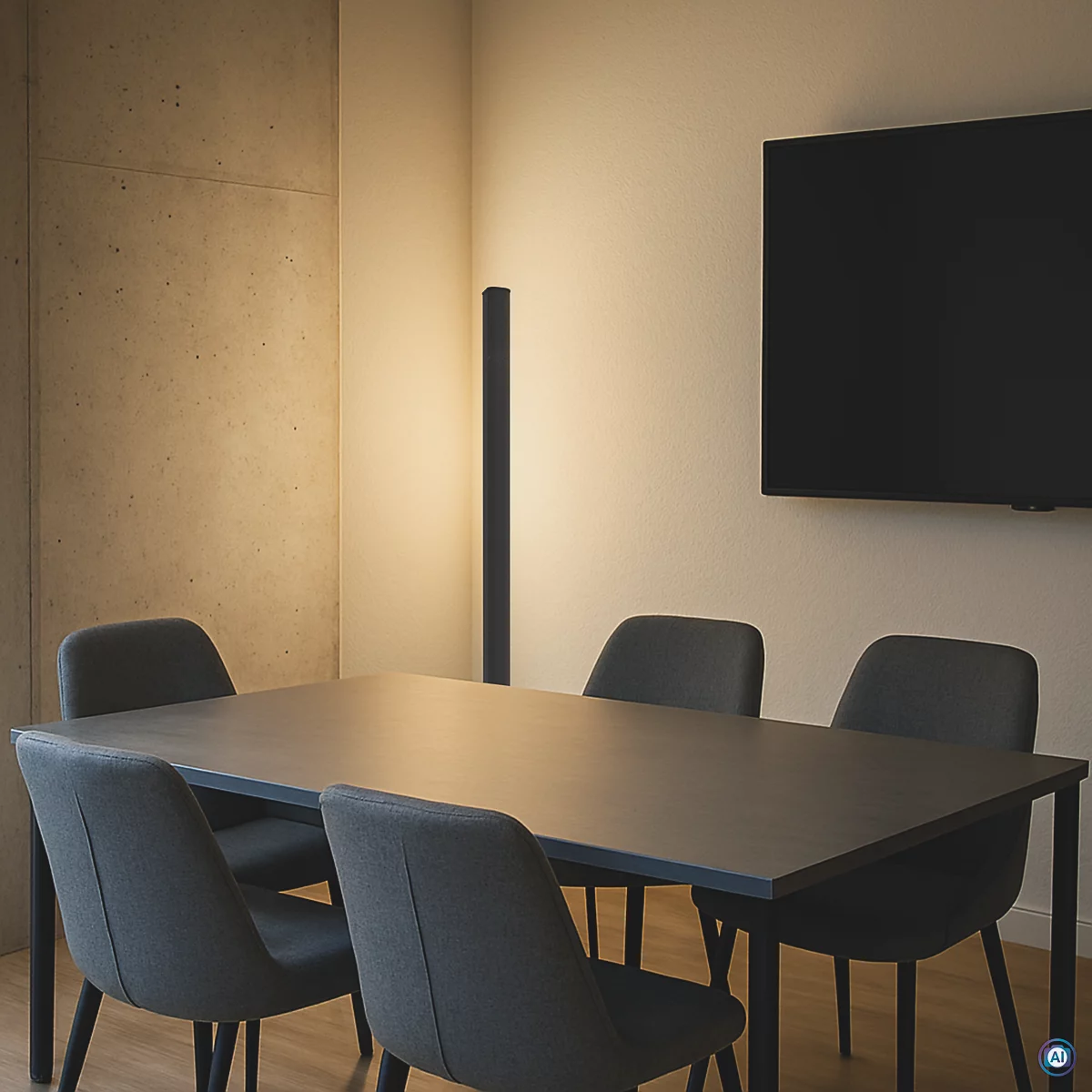 Konferenzraum mit Tisch, Stühlen und einem Wandfernseher. Ein schmales Lichtelement steht in der Ecke. Alles in gedämpften Tönen.