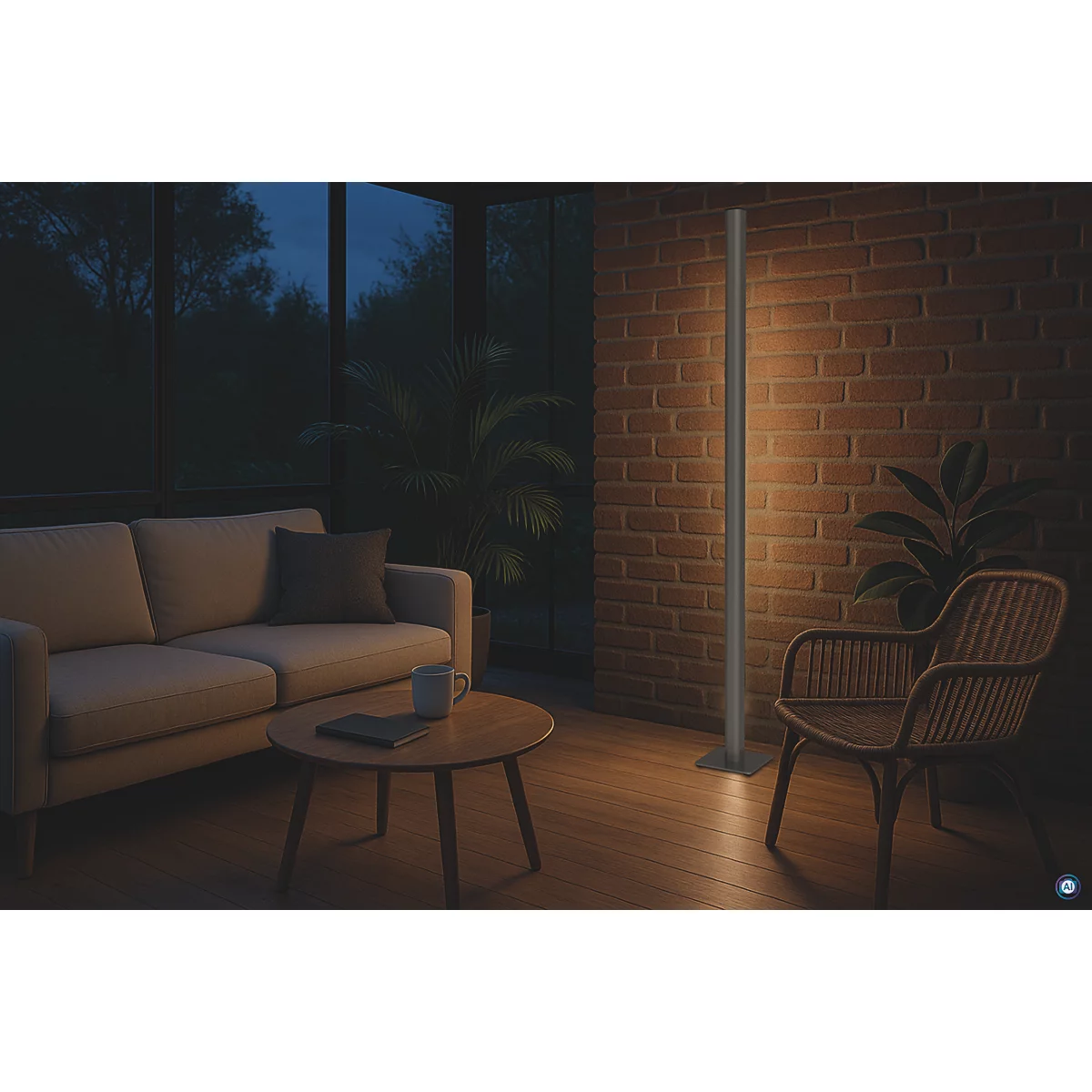 Ein Wohnzimmer mit moderner Stehlampe. Neben Sofa, Tisch und Stuhl erhellt die Lampe den Raum.