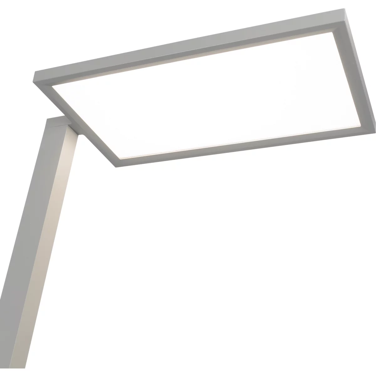 Moderne, flache LED-Schreibtischleuchte mit weißem Rahmen und leuchtender rechteckiger Fläche.