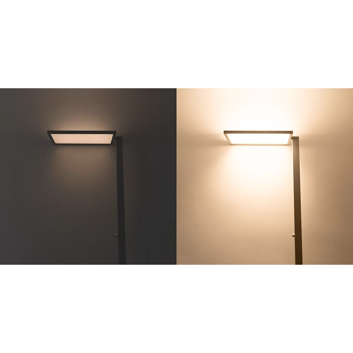 Vergleich zweier Lichtstimmungen einer modernen, rechteckigen Stehleuchte vor einer Wand.
