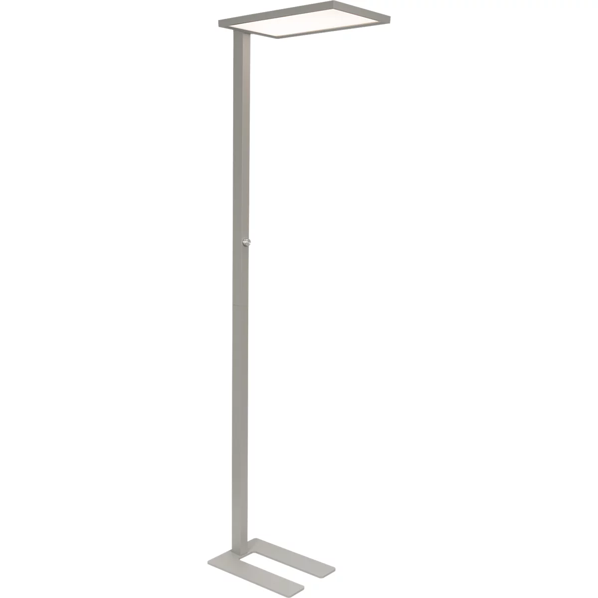 Moderne, minimalistische Stehleuchte in Grau mit rechteckigem Leuchtkopf vor hellem Hintergrund.