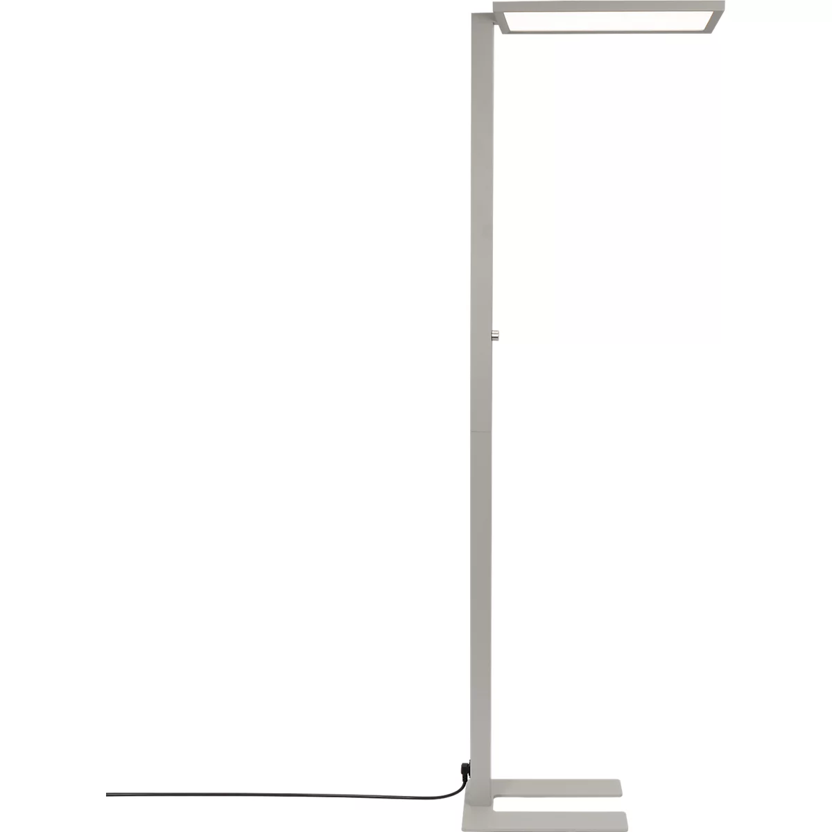 Moderne, minimalistische Stehleuchte mit schlankem, grauem Gestell und flachem, rechteckigem LED-Leuchtkopf.