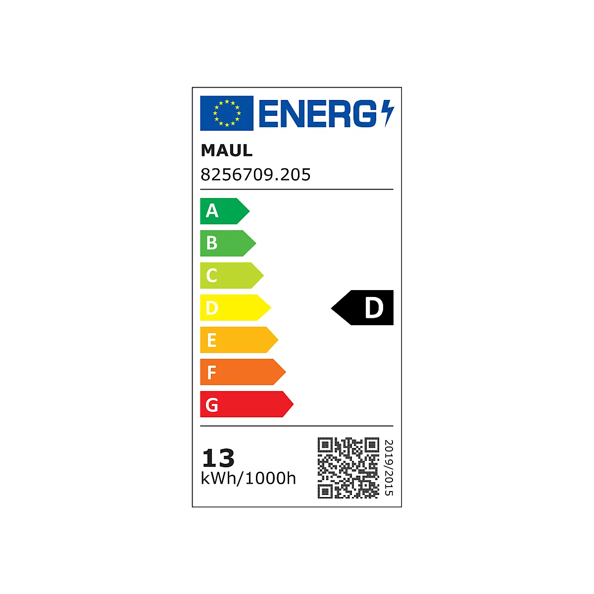 EU-Energieeffizienzlabel für MAUL-Modell 8256709.205, Effizienzklasse D, 13 kWh pro 1000 Stunden.