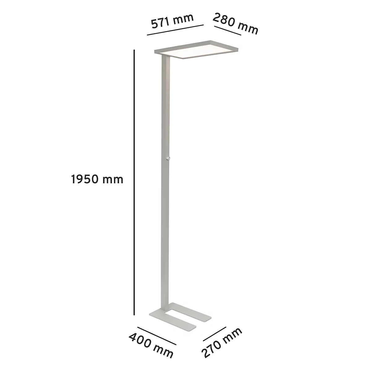 Moderne Stehleuchte mit Maßangaben in Zentimetern.