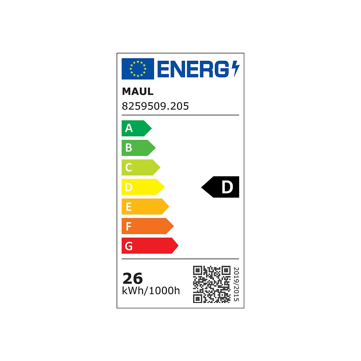 EU-Energielabel für MAUL Modell 8259509.205 mit Energieeffizienzklasse D und einem Verbrauch von 26 kWh pro 1000 Stunden.