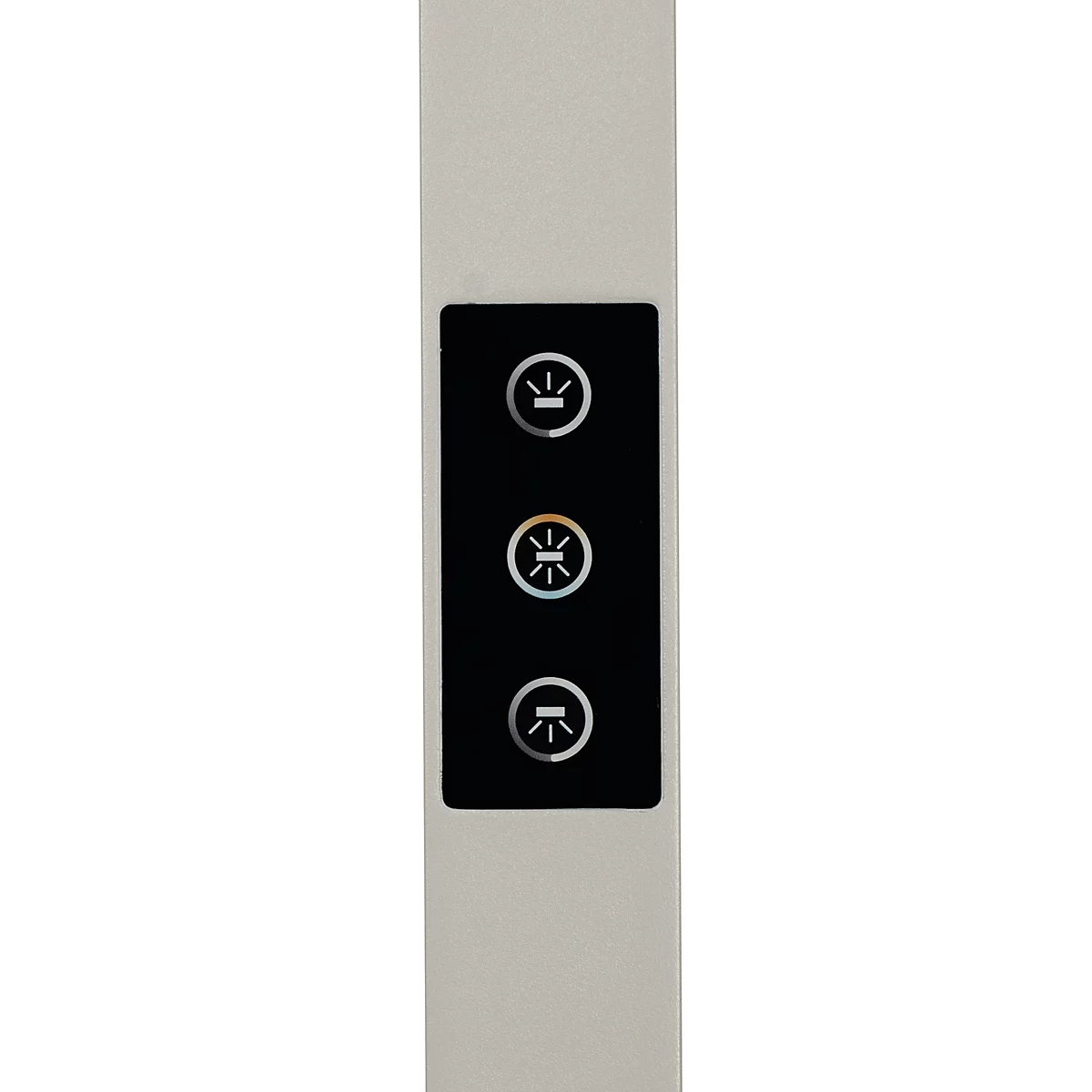Nahaufnahme eines vertikalen, schwarzen Bedienfelds mit drei beleuchteten Touch-Symbolen zur Lichtsteuerung.