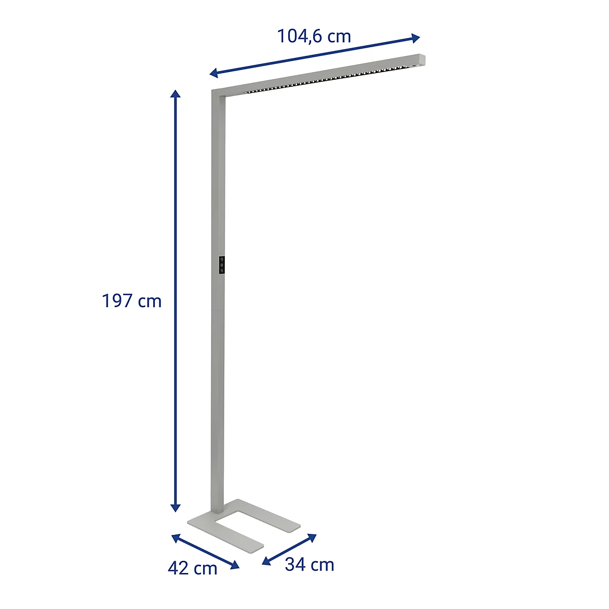 Moderne Stehleuchte mit Maßangaben: 197 cm hoch, 104,6 cm Ausladung, Bodenplatte 42 cm tief und 34 cm breit.