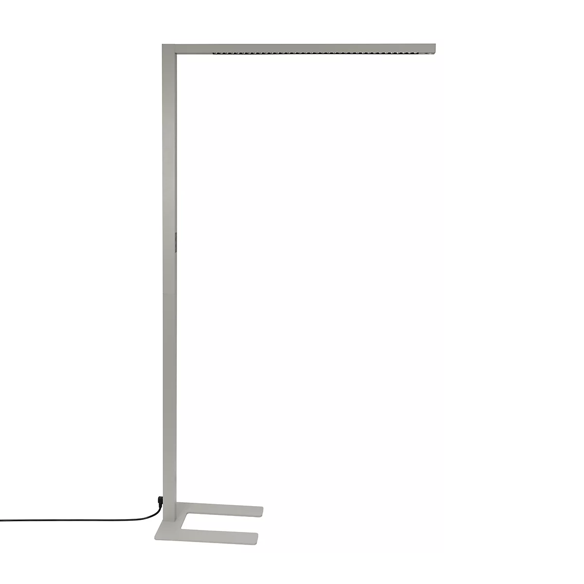 Moderne Stehleuchte aus silbernem Metall mit minimalistischem L-Design auf weißem Hintergrund.