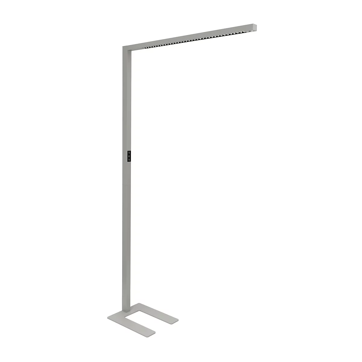 Moderne, graue Stehleuchte mit minimalistischem L-Design und flachem Standfuß.