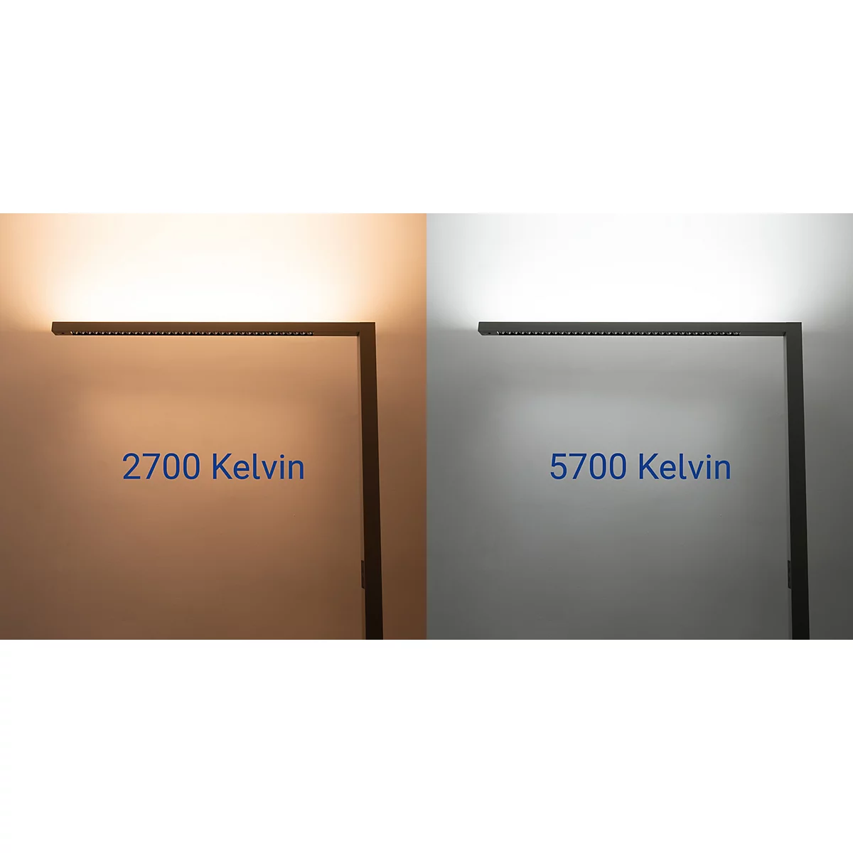 Vergleich zweier Lichtfarben einer LED-Leuchte: links warmes Licht mit 2700 Kelvin, rechts kühles Licht mit 5700 Kelvin.