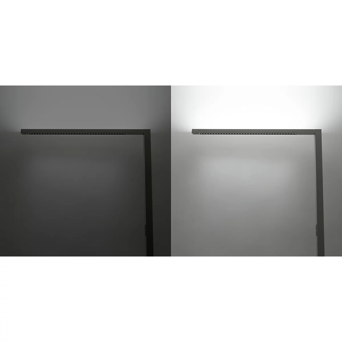 Weiße LED-Leiste mit Sensorik und drei ovalen Lichtquellen vor weißem Hintergrund.