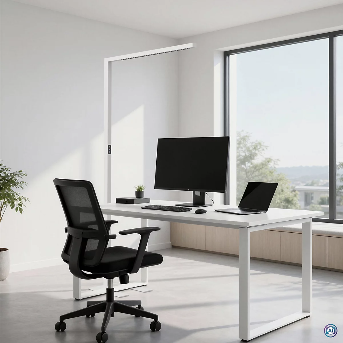 Moderner Arbeitsplatz mit weißem Schreibtisch, schwarzem Bürostuhl, Monitor, Laptop und hoher Stehleuchte.