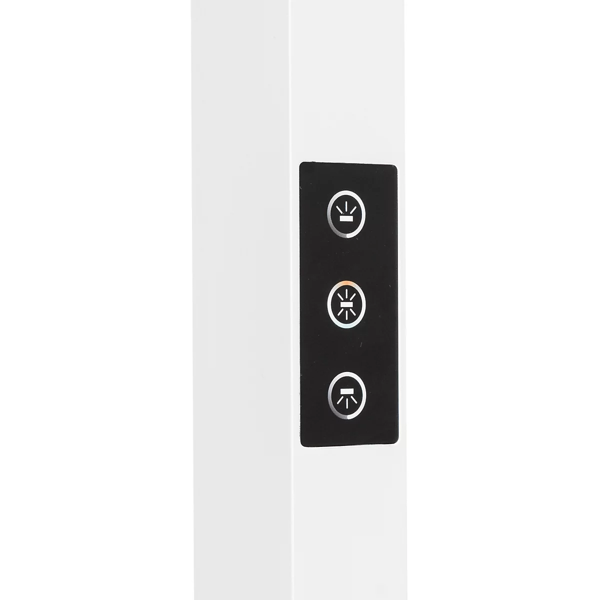 Detailansicht eines weißen Leuchten-Elements mit vertikalem, schwarzem Touch-Bedienfeld und drei beleuchteten Symbolen.
