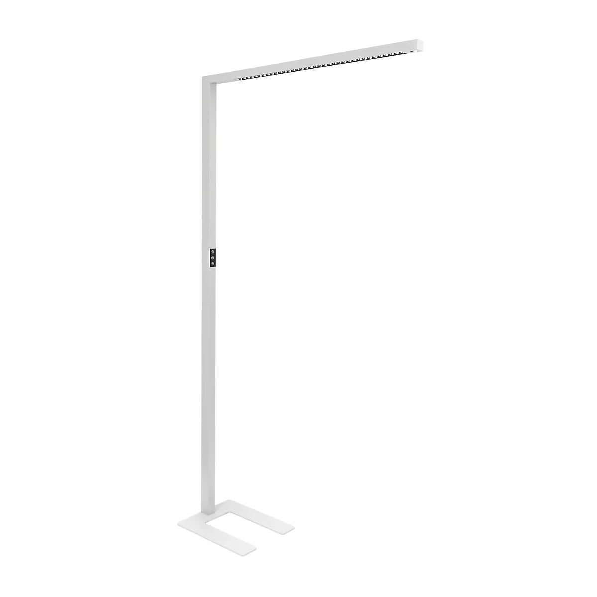 Minimalistische, weiße LED-Stehleuchte mit schlankem Rahmen und quadratischem Standfuß vor weißem Hintergrund.