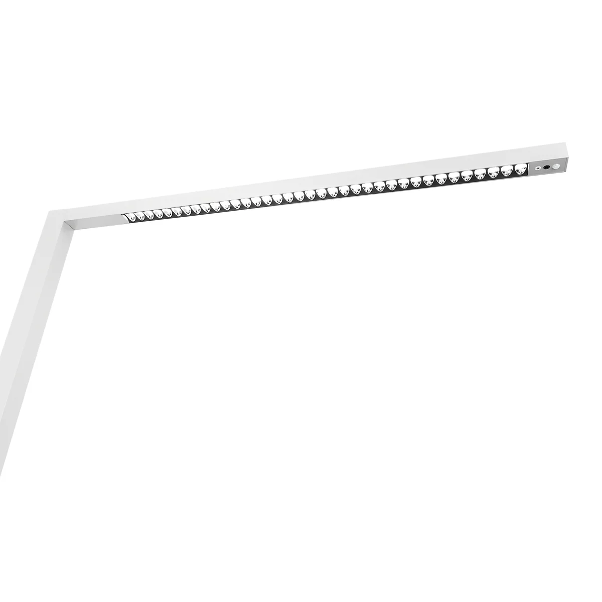 Weiße, minimalistische LED-Schreibtischleuchte mit schmalem, linearem Leuchtkopf auf weißem Hintergrund.