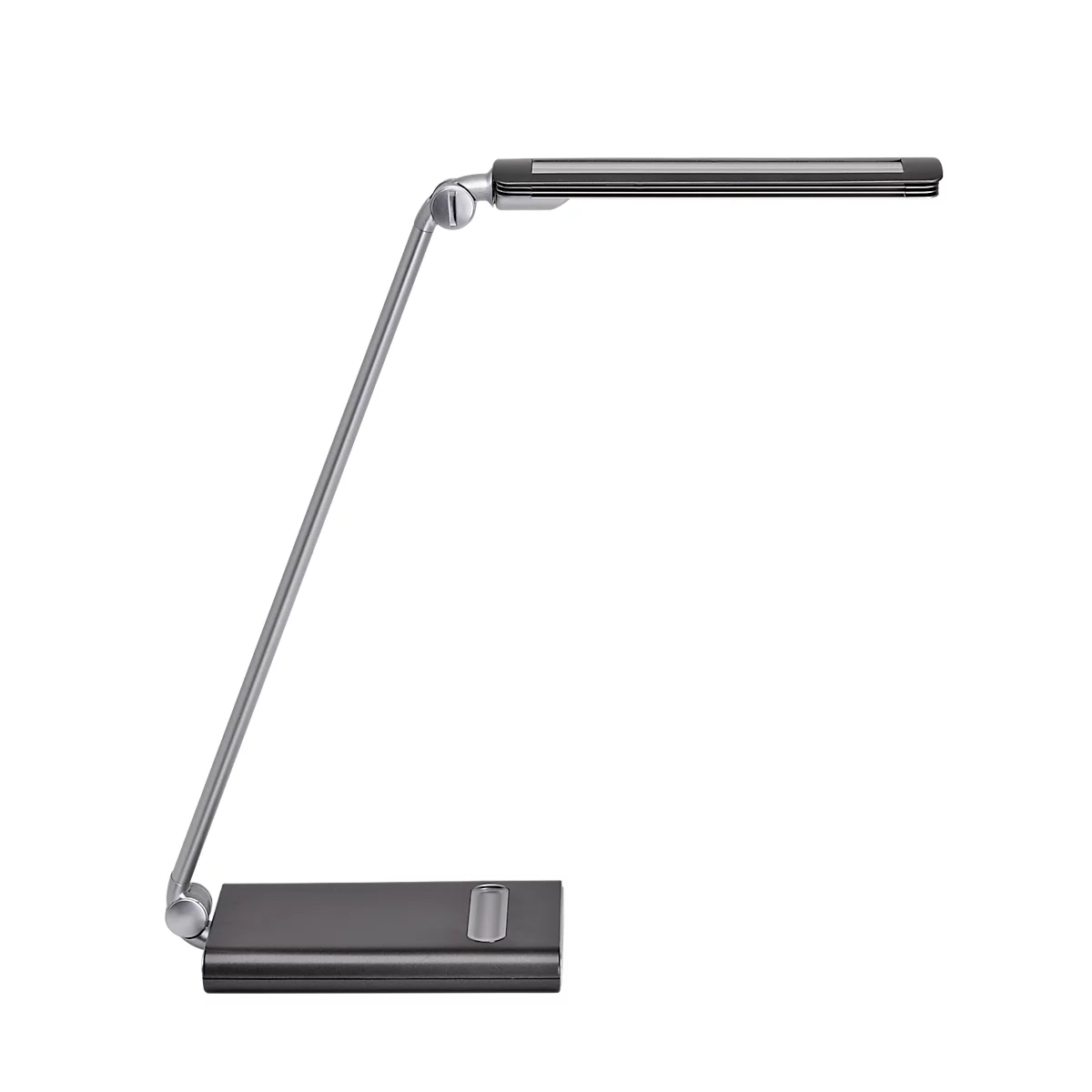 Dark gray metal desk lamp with adjustable arm and rectangular light head. It is standing on a rectangular base.