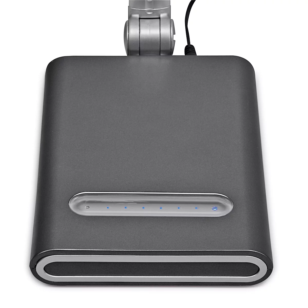 Dark gray, rectangular base with silver trim and a series of blue lights. A joint with cable is attached at the top.