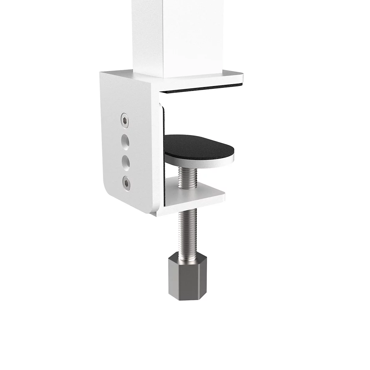 Witte tafelklem voor het monteren van een monitorarm met een zwart beschermend kussentje.