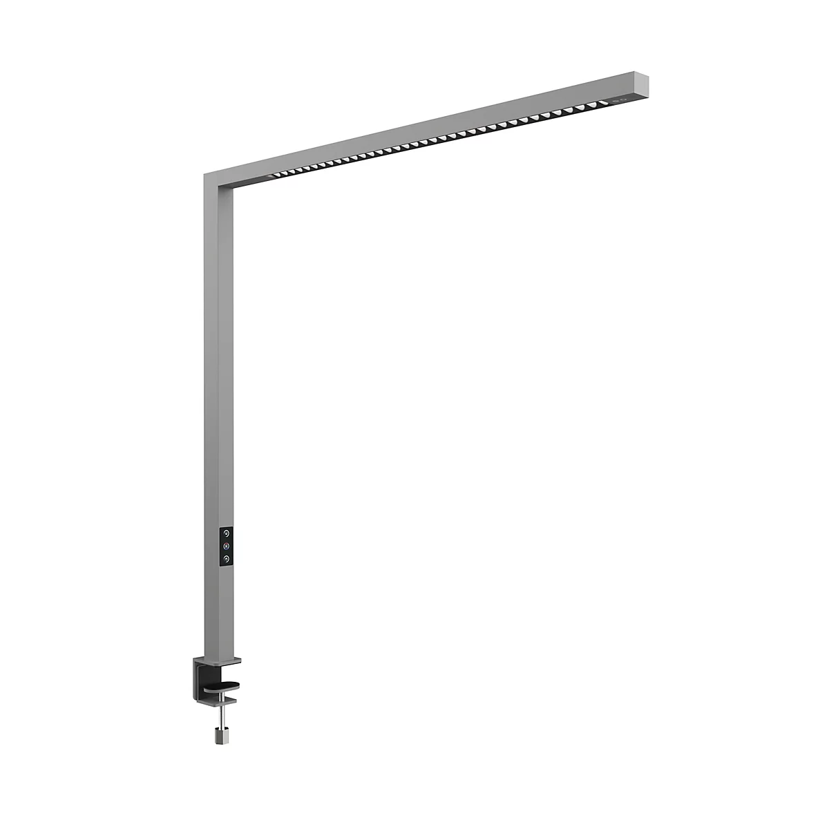 Moderne grijze LED-bureaulamp met klembevestiging tegen een witte achtergrond.