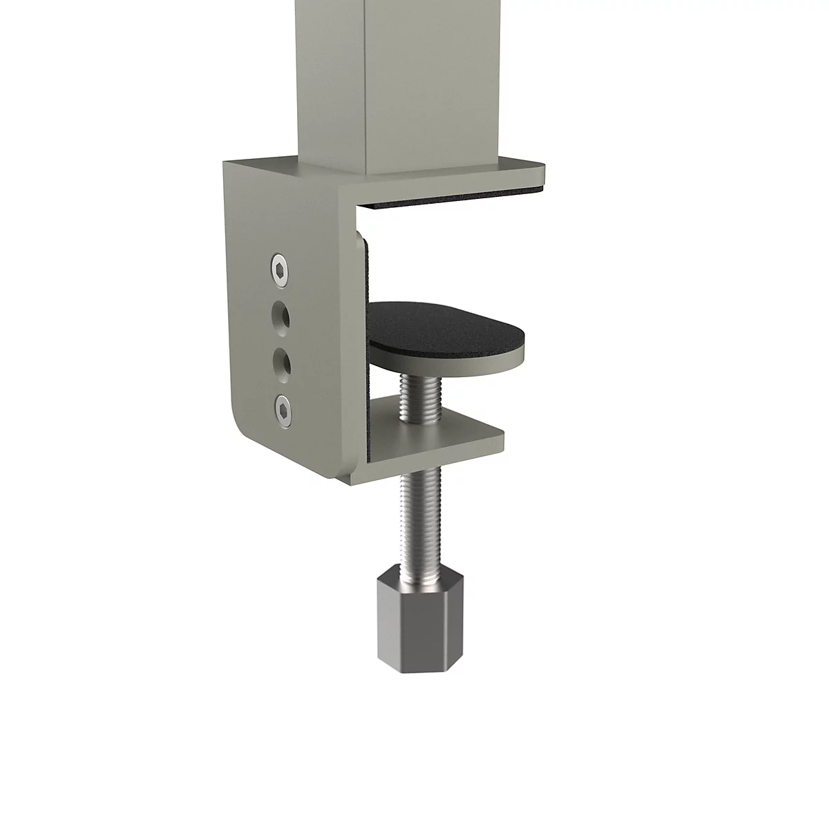 Grijze metalen tafelklem met een verticale stelschroef voor bevestiging aan meubeloppervlakken.