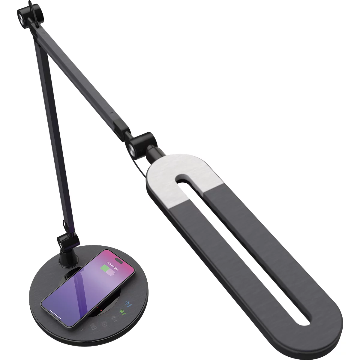 Schwarze LED-Schreibtischlampe mit integrierter Wireless-Charging-Basis, auf der ein Smartphone geladen wird.