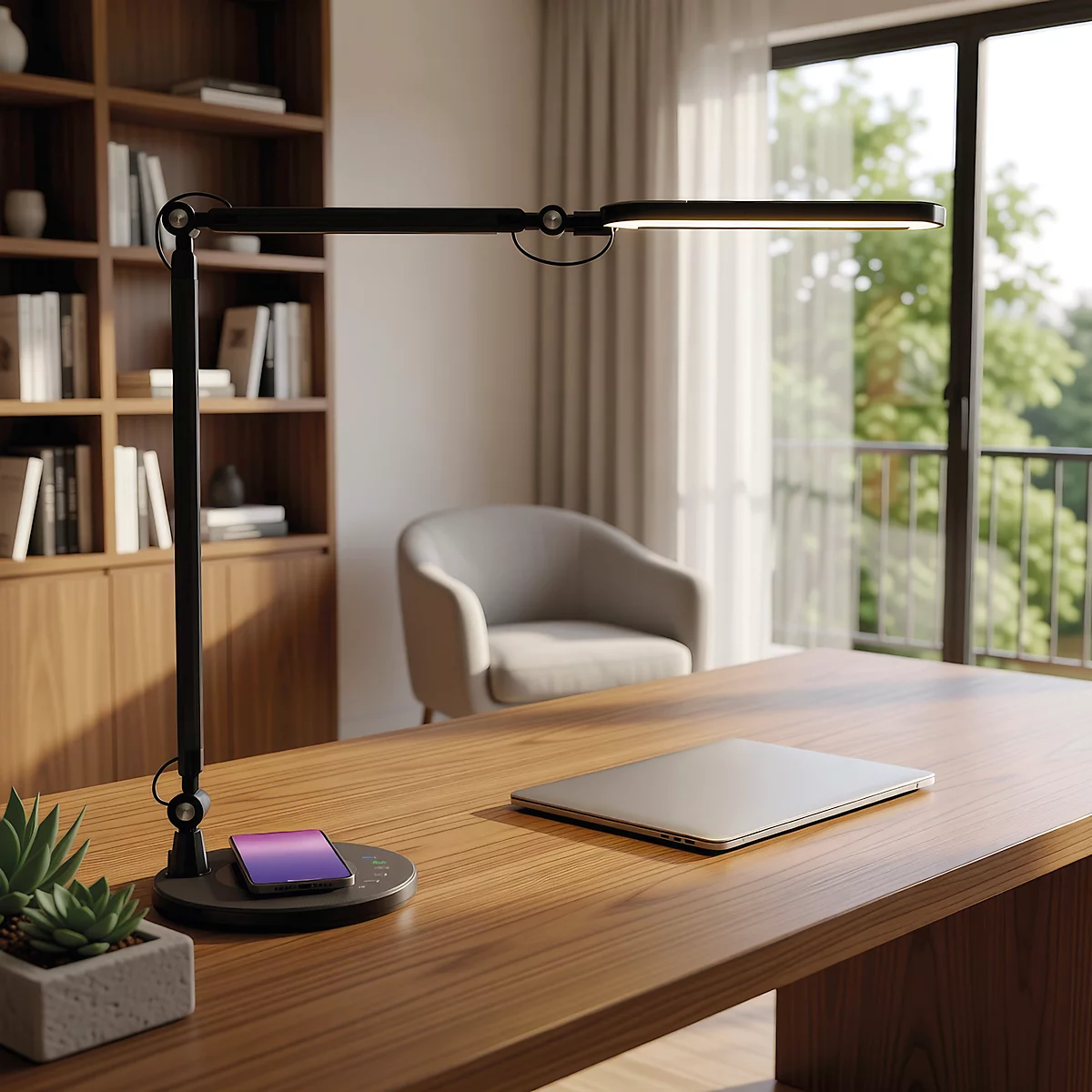 Moderne schwarze Schreibtischlampe auf einem Holztisch mit Laptop und Smartphone.