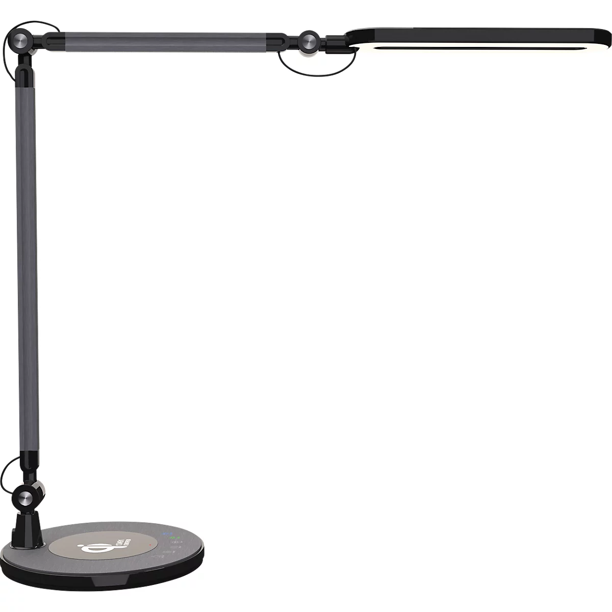 Schwarze, moderne LED-Schreibtischleuchte mit verstellbarem Gelenkarm und flachem Standfuß.