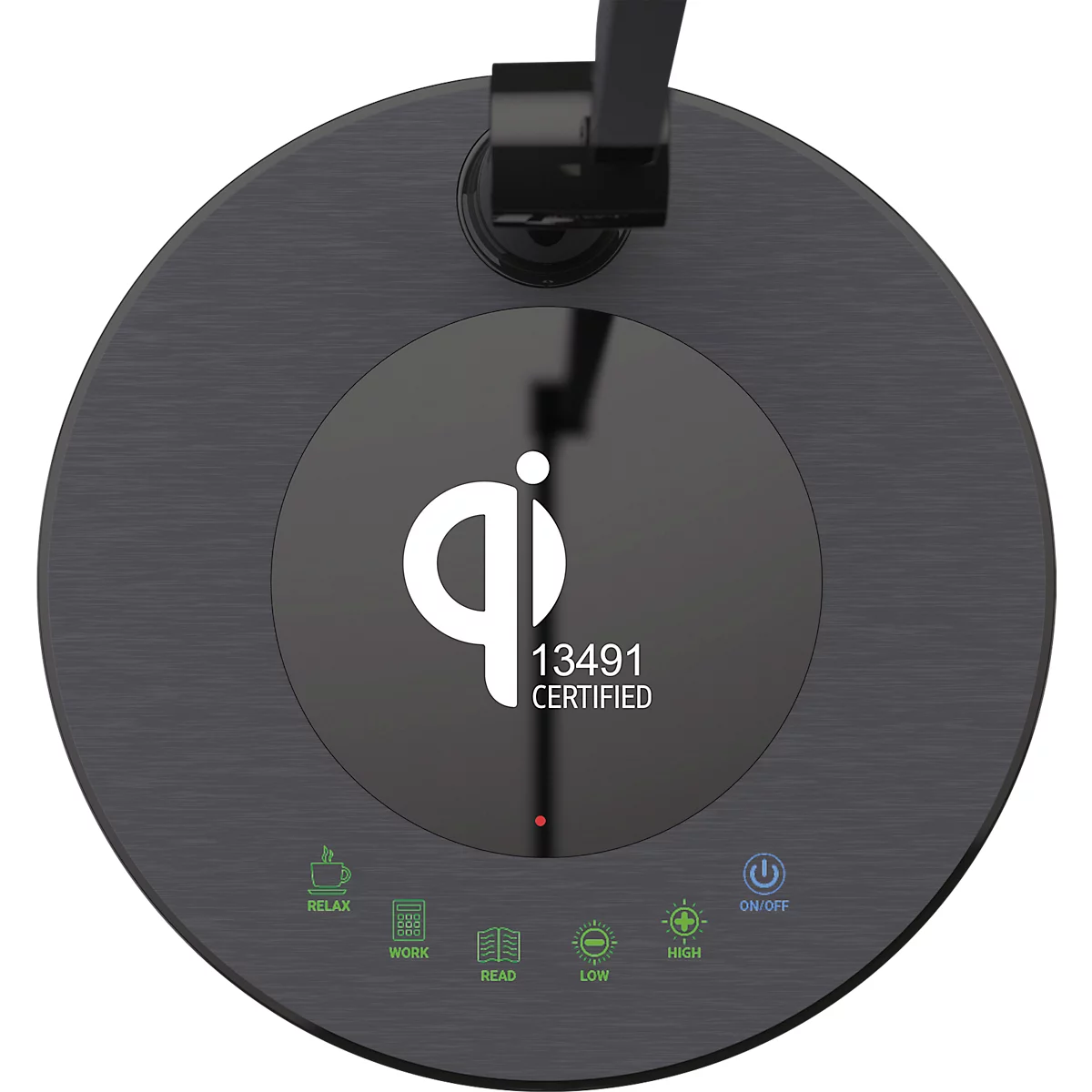 Runder Lampensockel in Dunkelgrau mit Qi-Ladestation und Touch-Bedienfeld für verschiedene Lichtmodi.