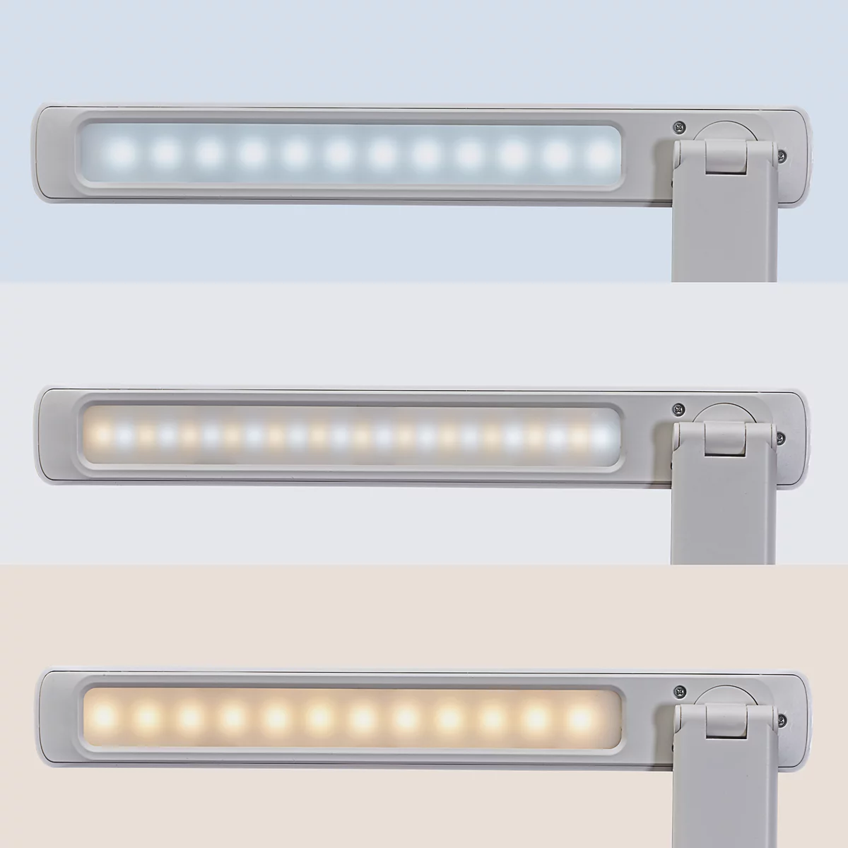 Schreibtischlampe, weiß, modern, mit verstellbarem Arm und flachem Lampenkopf auf rechteckigem Fuß.