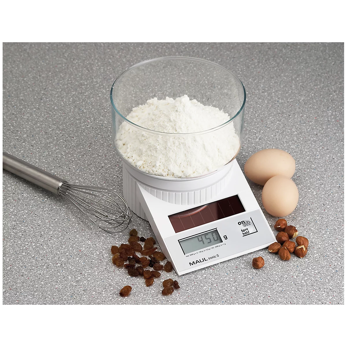 MAUL-letterweegschaal MAULtronic S, tot 2000 g, display, op zonne-energie, automatische uitschakeling, éénknopsbediening, hold-functie, wit