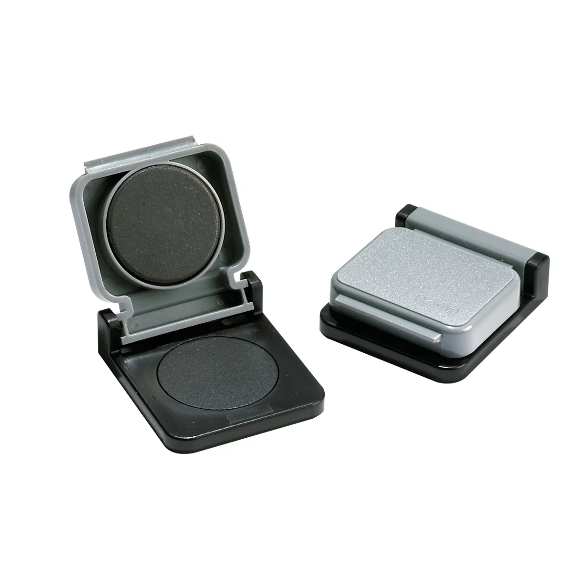 Two square make-up containers, one open, one closed. Open with a round, closed with a square content.