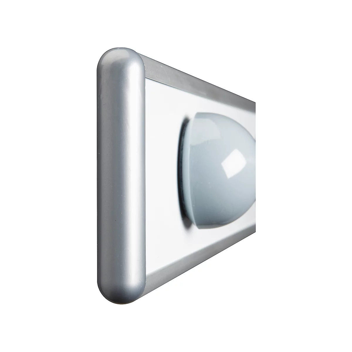 Close-up of a gray, rounded lamp with a white surface and a cylindrical element.