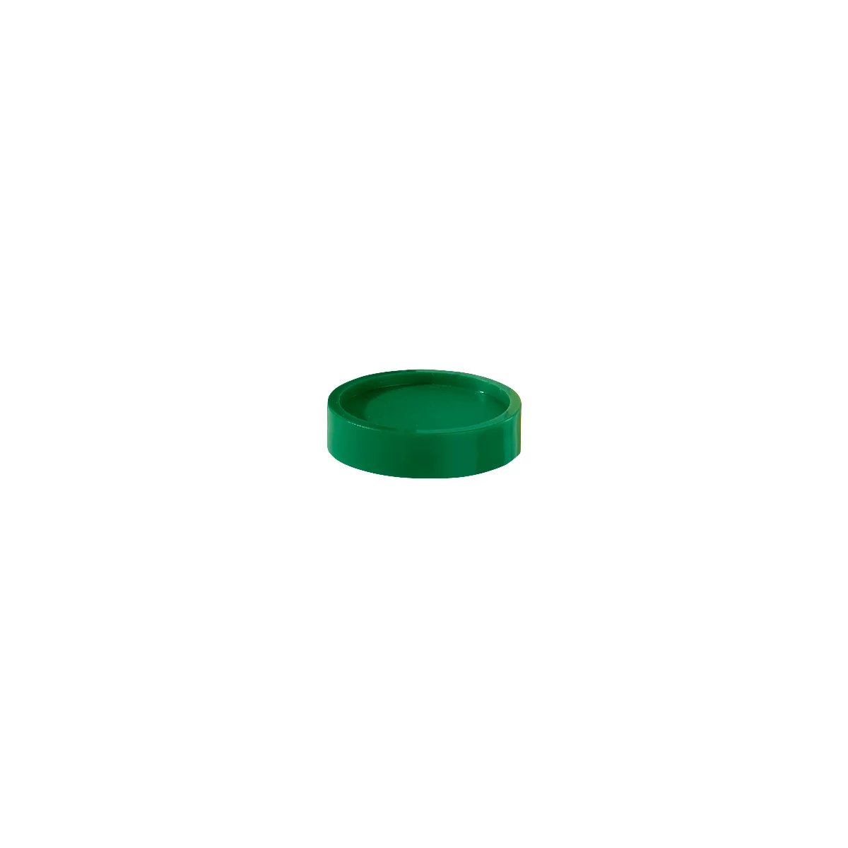 Green, round plastic lid with a raised edge and smooth surface.
