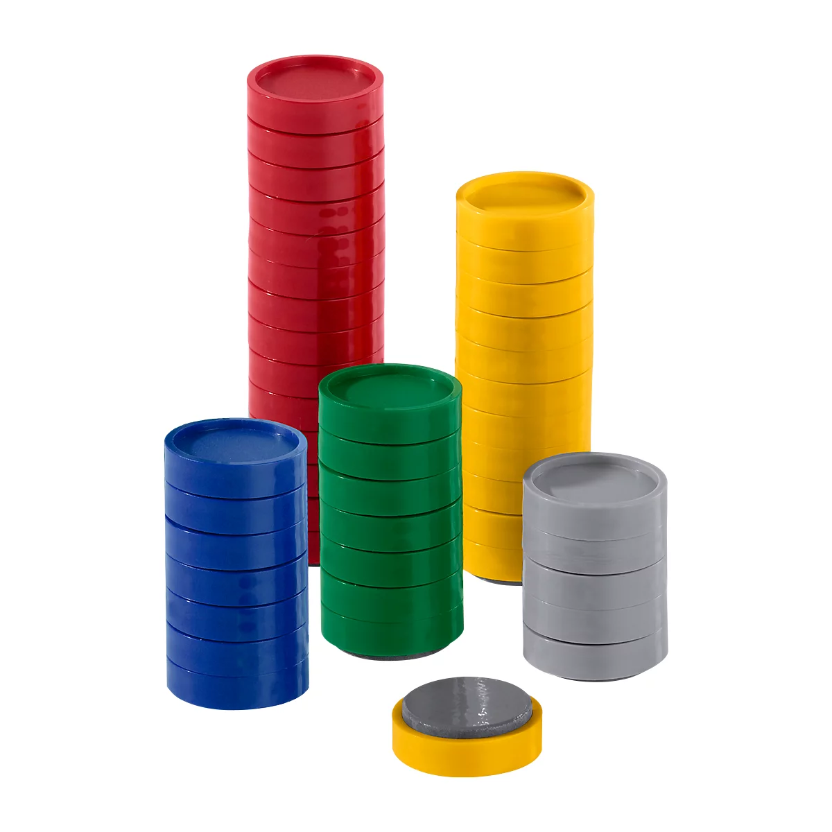Stacks of multi-colored, round, flat plastic discs standing upright.