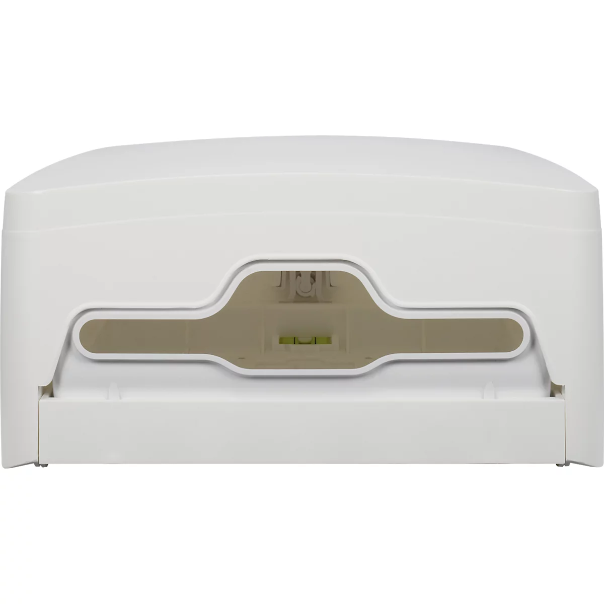 Weißes elektronisches Gerät mit einem rechteckigen, abgerundeten Gehäuse und einem braunen Fenster in der Mitte.