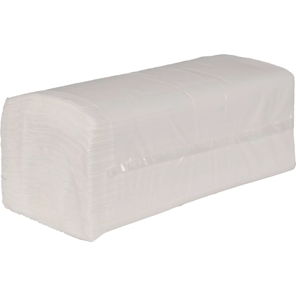 Ein rechteckiges Paket weißer Papiertücher in transparenter Folie.