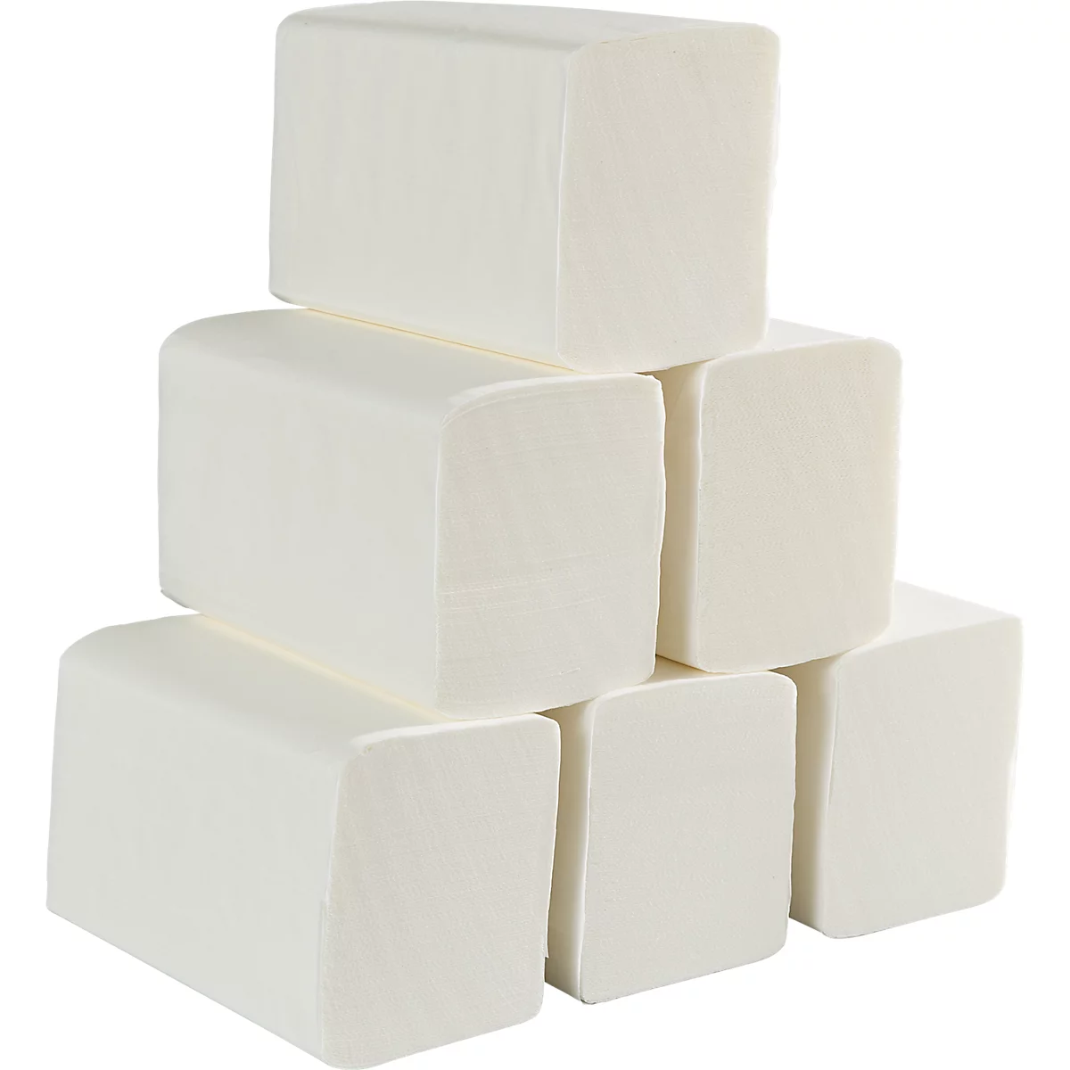 Sechs weiße Papierhandtücher in Blöcken gestapelt.