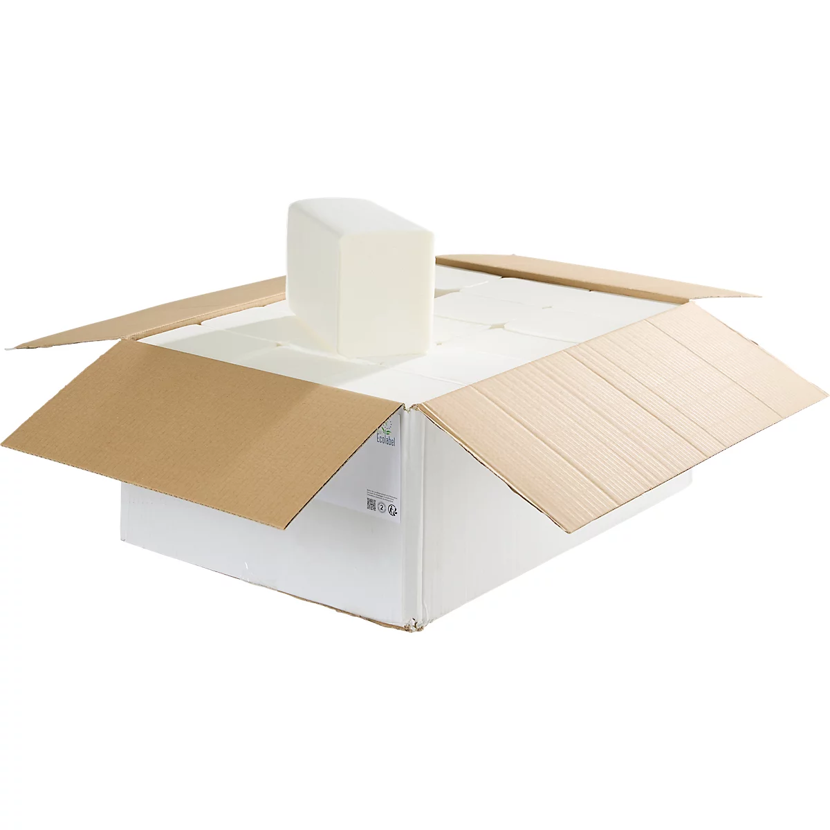 Geöffnete Box mit Papierhandtüchern. Ein Stapel steht auf dem Rest.