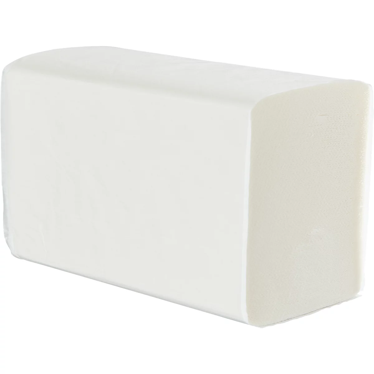 Een rechthoekige stapel witte papieren handdoeken met afgeronde hoeken. De stapel ligt op een witte achtergrond.