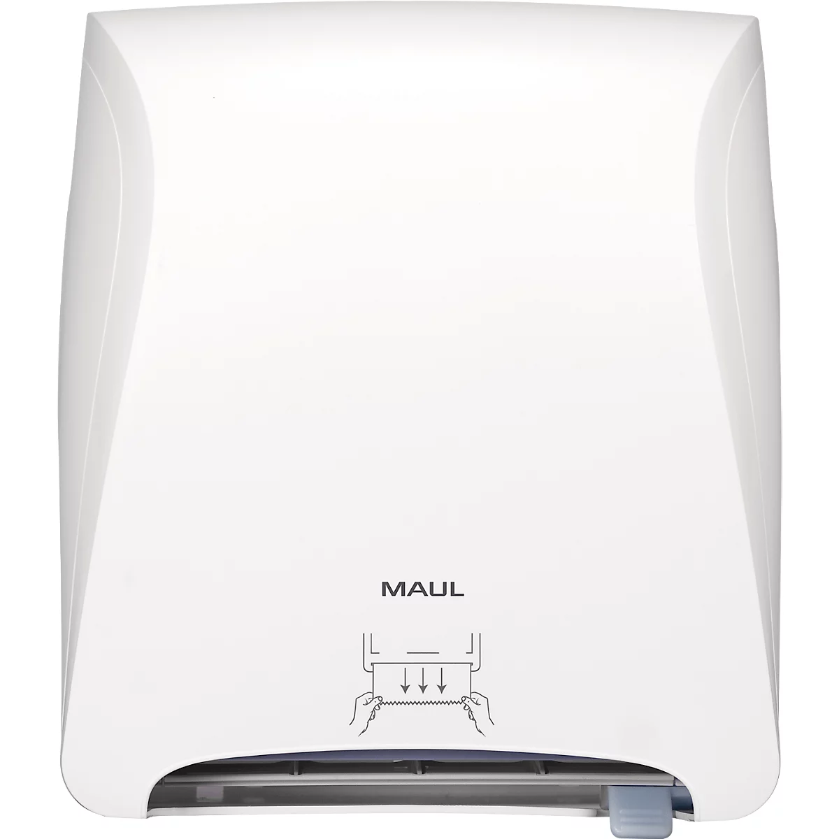 Witte papieren handdoekdispenser met MAUL-logo en gebruiksaanwijzing.