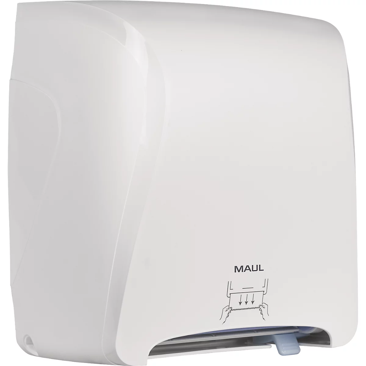 Witte papieren handdoekdispenser met MAUL-logo en handsymbool. De blauwe hendel is om te doseren.