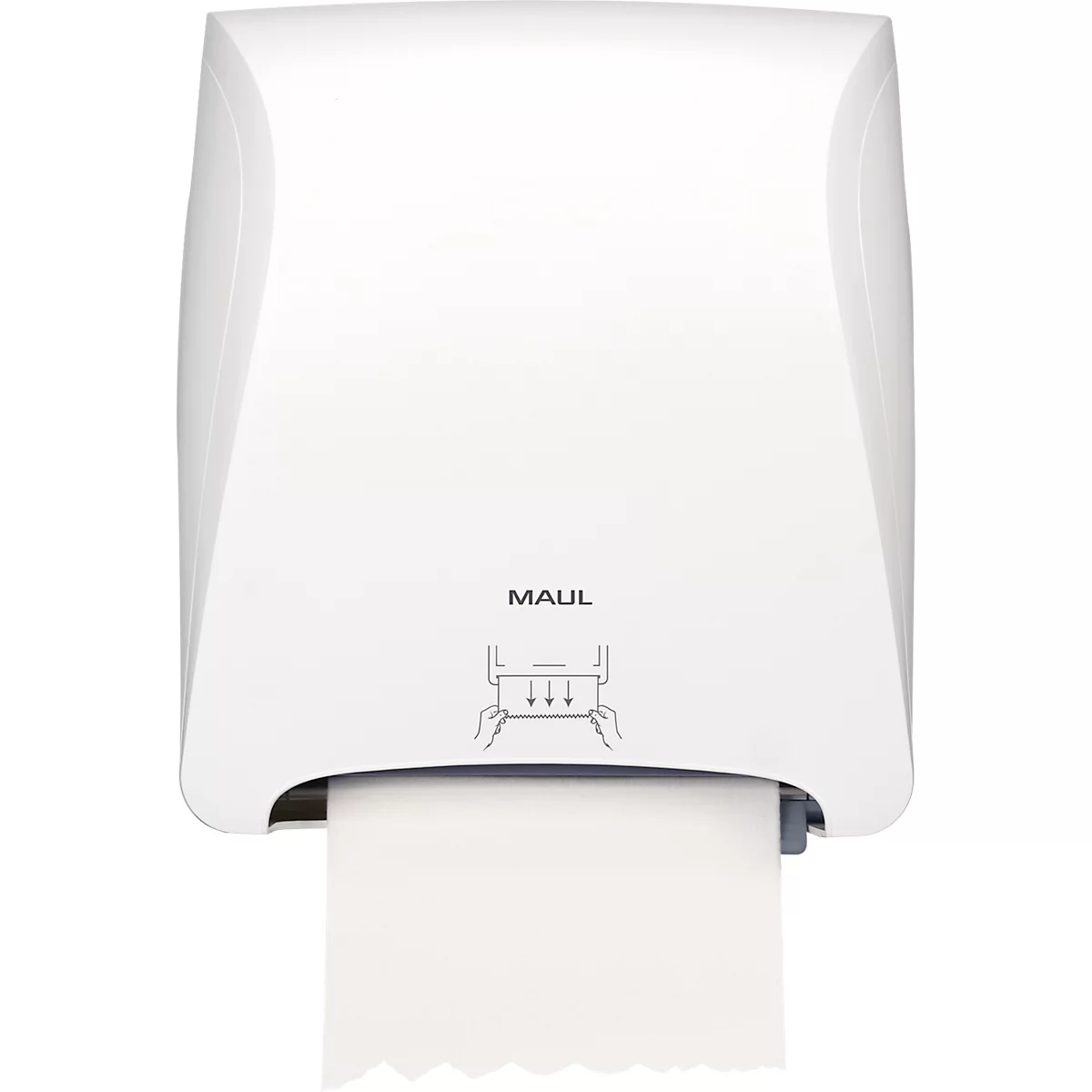 Witte papieren handdoekdispenser met MAUL-opschrift. Papieren handdoek steekt uit. Hieronder zijn handen afgebeeld die het papier vastgrijpen.