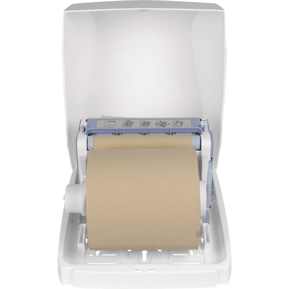 Witte papieren handdoekdispenser met bruine papieren rol. Bovenop een klep, daaronder een dispenser voor papieren handdoeken.