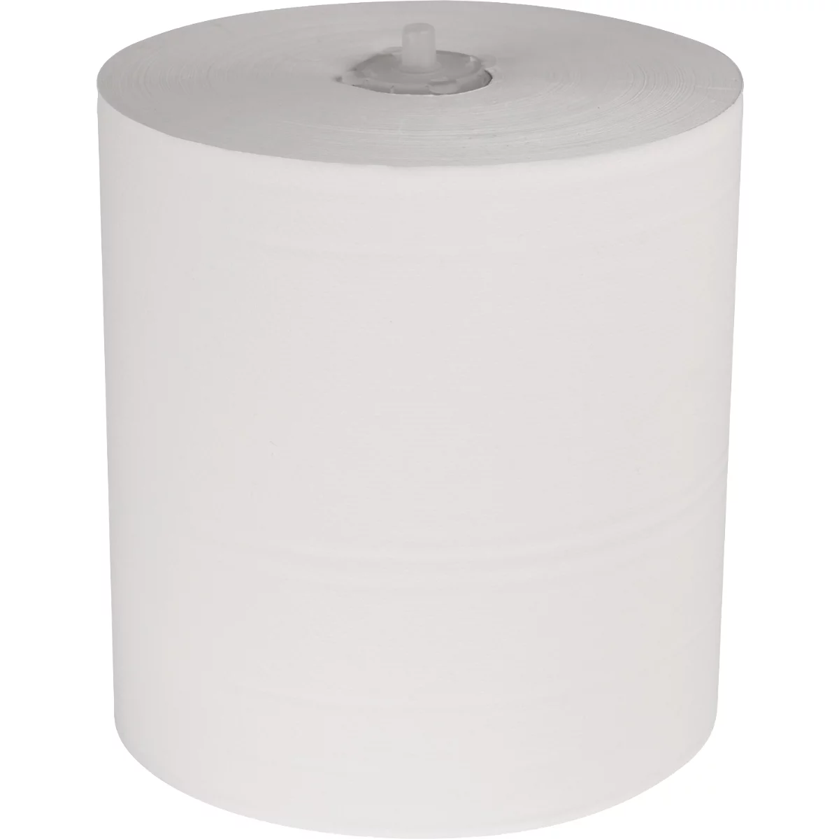 Zylinderförmige Papierrolle, weiß, mit Plastikteil in der Mitte.