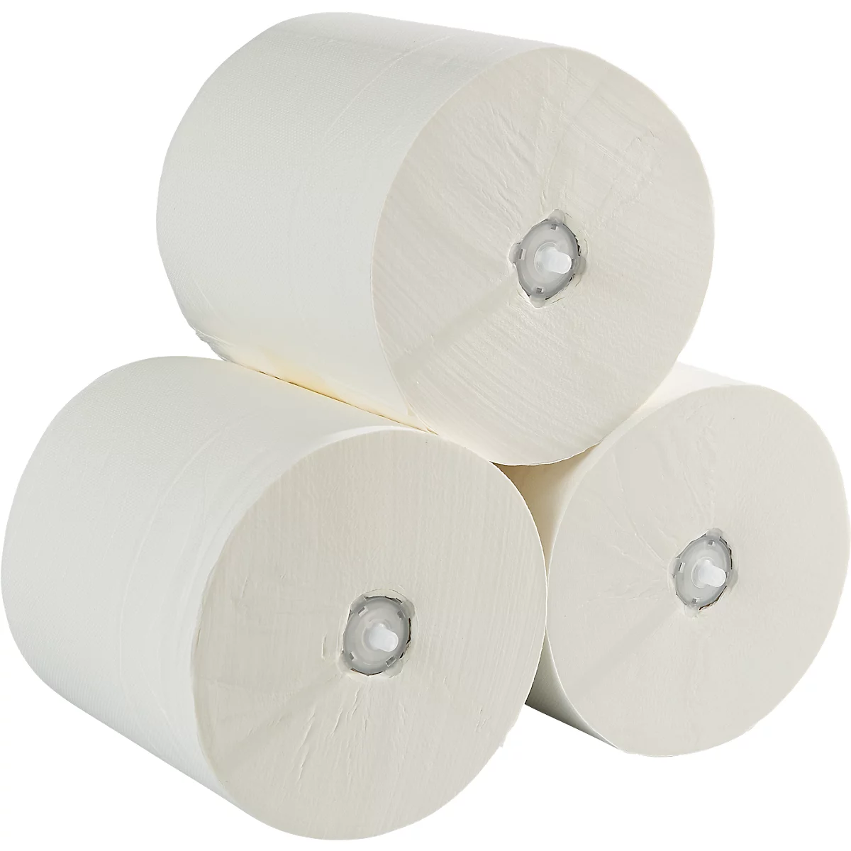 Drei Papierrollen, weiß, übereinander angeordnet. Die Enden zeigen eine Kernöffnung.