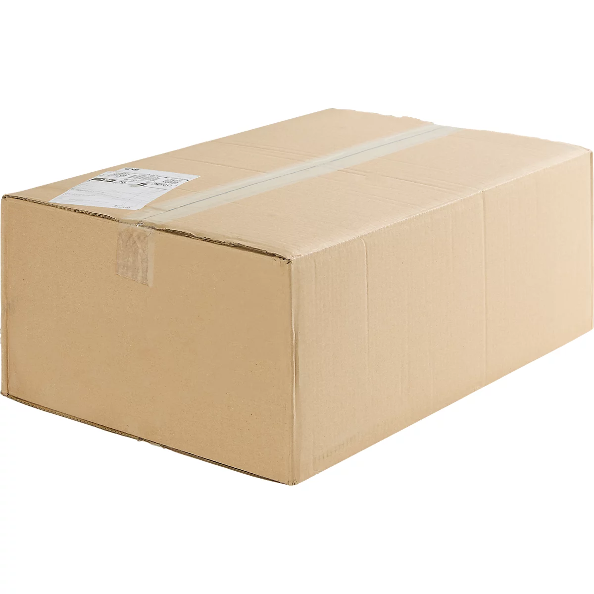 Brauner Pappkarton mit Klebeband und Aufkleber.