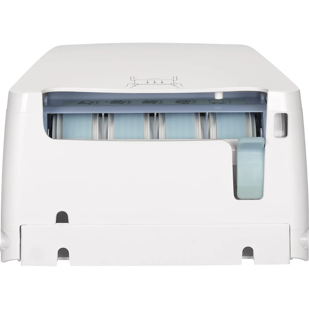 Weißes Gerät, dessen Inneres Papierrollen in Blau zeigt. Rechts ein hellblaues Element.