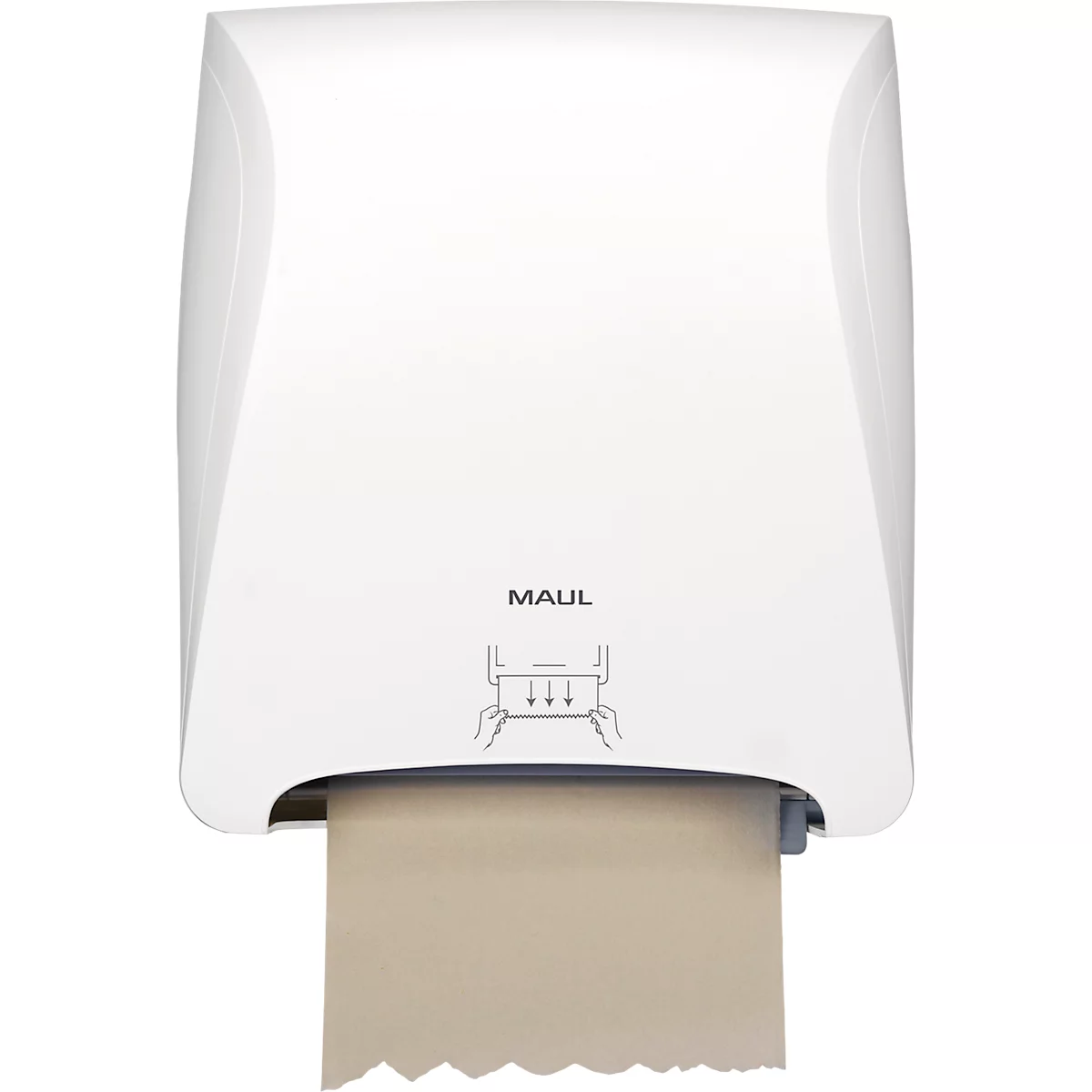 Weißer MAUL-Handtuchspender mit braunem Papiertuch. Unterhalb der Öffnung befinden sich Piktogramme zur Entnahme.